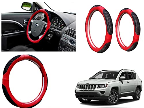 Image of Microfiber Car Steering Wheel Cover, Soft Padding Great Hand Feel, Anti-Slip, Faux Leather Steering Cover for Jeep Compass | Black Red Jali - Pack of 1