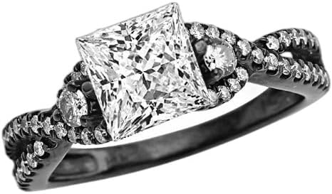 Houston Diamond District 0.9 Carat Princess Cut Black Diamond Twisting Split Shank 3 Stone Diamond Engagement Ring (J-K Color, I1 Clarity)