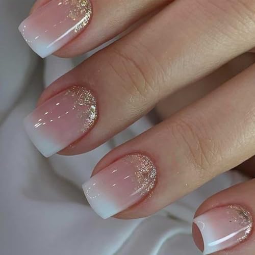 Foccna Square Ombre Press on Nails -Soft Gel Press on Nails Short Pink Fake Nails Square Bling Glossy Nail Tips Artificial Nails for Women and Girls,24pcs
