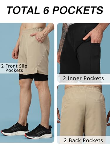 Image of CHKOKKO Double Layered Gym Shorts for Men Workout | Compression Inner Layer with Pockets Across Inner Outer and Back | Dry Fit Sports Athletic wear for Running Jogging or Training