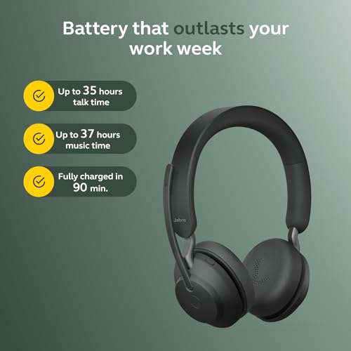 Image of Jabra Evolve2 65 Bluetooth Wireless Headset with Mic for Calls and Music, Dual-Ear Headphones with USB-C Adapter and Charging Stand, Up to 37 Hours Battery, Works with Online Meeting Apps, Black