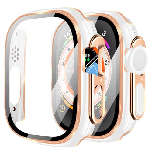 YUGYUG 対応 Apple Watch ケース Ultra 3/2/1 Apple Watch カバー PC素材 光沢式 アップルウォッチ ケース ガラスフィルム 一体型 日本旭硝子材 二重構造 アップルウォッチ カバー 全面保護 強化ガラス キズ防止
