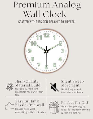 Image of WHISKET - 12 Inch | Radium Silent Sweep Clock| Decorative Analog Wall Clock | Glow in Dark Numbers| Silent Movement for Living Room & Office. (Radium White Round)