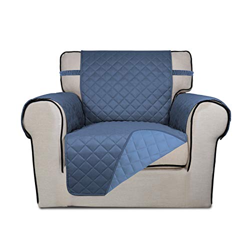 Image of PureFit Reversible Quilted Sofa Cover, Water Resistant Slipcover Furniture Protector, Washable Couch Cover with Non Slip and Elastic Straps for Kids, Dogs, Pets (Chair, Dark Blue /Light Blue)
