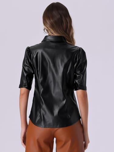 Allegra K Women's Faux Leather Shirt Button Down Puff Sleeve PU Jacket Blouse4