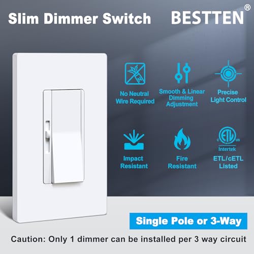 Image of BESTTEN 3 Pack Slide Dimmer Light Switch, Single Pole or 3 Way, White