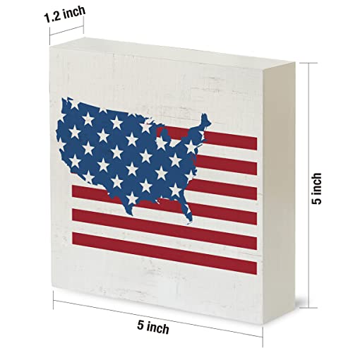 Country Patriotic Wood Box Sign Rustic America Flag Wooden Box Sign Decorative 4Th Of July Summer Sign Block Plaque For Home Office Desk Table Shelf Decor 5"X 5" #TOP1