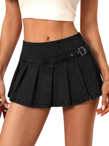EMMIOL Denim Mini Skirt for Women - Mid Waisted Stretch Side Zipper Skort Y2k Casual Jean Skirts with Shorts Underneath, Black-055, S