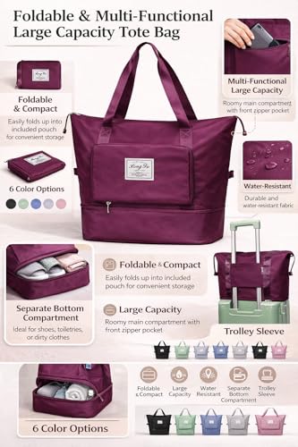 Image of TOPBAG Travel Duffle Bag, Waterproof Nylon Weekender Carry On Tote, Sport Gym Overnight Bag, 40x22x45 cm, 400g (Burgundy)