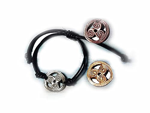 Bracelet unisexe ajustable triskel celte fait main en bronze(couleur or ou argent) ou en cuivre+cuir noir, bijou celtique/viking/wicca/breton pour homme,femme, enfant, avec ou sans pierre
