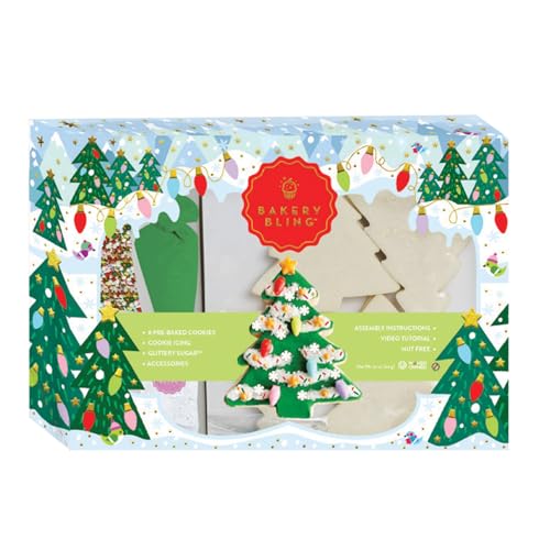 Starlight Christmas Tree Cookie Decorating Kit by Bakery Bling | 8 Pre-Baked Vanilla Cookies, White and Green Icing, Glittery Sugar, Candy Decorations, Nut-Free, Dairy-Free, Made in the USA - Thumbnail 2