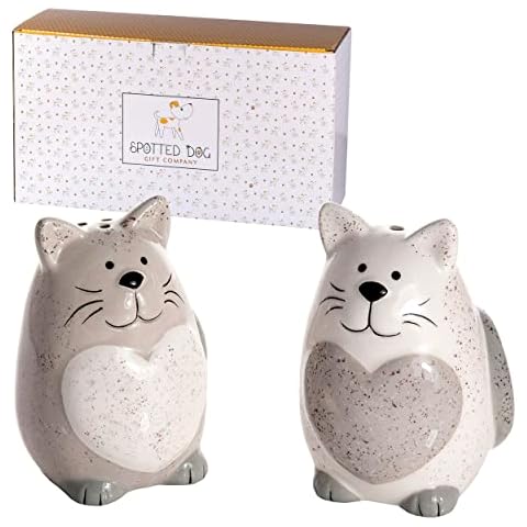 SPOTTED DOG GIFT COMPANY Cat Salt and Pepper Shakers Set, Cute Novelty Ceramic Gray and White Unique Cat Kitchen Decor Accessories, Gifts for Cat Lovers Cover