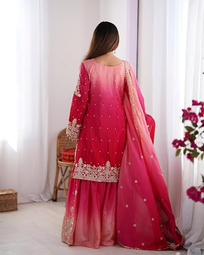 Image of Pandadi Saree Women's Chinon Silk Embroidery Kurta Sharara Set With Dupatta.