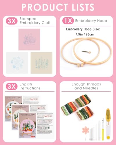 Image of TINDTOP 3 Pack Embroidery Kit for Adult, Embroidery DIY Starter Kit | with Stamped Patterns, Hoop, Tools, Colorful Threads with Needles, Instructions