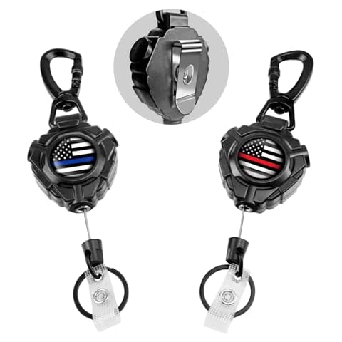 bolimoss Retractable Keychain with Belt Clip 2 Pack, Heavy Duty 360° Swivel Carabiner Key Chains, Tactical ID Badge Reels with 32” Wire Rope and Key Ring, Up to 10 oz (USA Flag) Cover