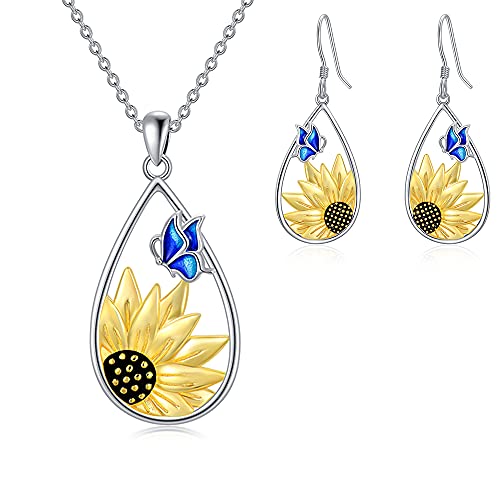 Mbsuuh Sunflower Teardrop Dangle Earrings And Necklace Set With Blue Butterfly 925 Sterling Silver Boho Bohemian Sunflower Hook Earrings For Women Teen Girls #TOP6