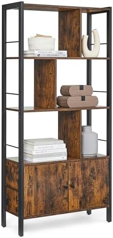 VASAGLE Bookshelf, Storage Shelf, Large Bookcase with Doors, 4 Shelves, Stable Steel Structure, Industrial Style, for Living Room, Office, Rustic Brown and Ink Black LBC022B01