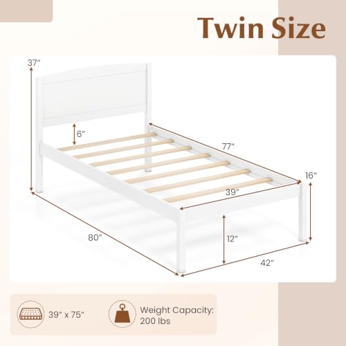 Image of GIANTEX Twin Size Wooden Bed Frame with Curved Headboard, Wood Slat Support | Farmhouse Platform Bed w /Heavy Duty Mattress Foundation, Under-Bed Storage Space, No Box Spring Needed, Easy Assembly