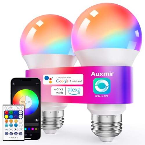 Auxmir Smart Glühbirne E27, LED Lampe Dimmbar mit 16 Mio. RGB Farben 100+ Modi Musiksyn, WiFi & Bluetooth Unterstützt APP, Alexa, Google Assistant, 10W 800LM Energiesparend für Smart Home, 2 Stück