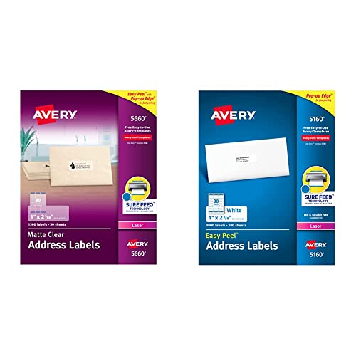 Avery Matte Frosted Clear Address Labels for Laser Printers, 1" x 2-5/8", 1,500 Labels (5660) & 5160 Easy Peel Address Labels, White, 1 x 2-5/8 Inch, 3,000 Count (Pack of 1)
