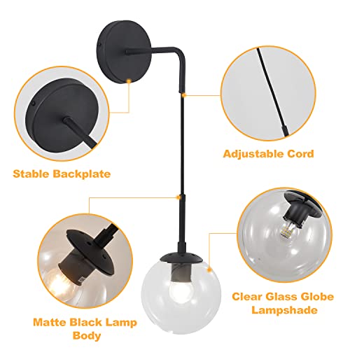 Image of KCO Lighting Black Globe Wall Sconce Set of 2 Mid Century Modern Wall Light with Clear Glass Shade Vintage Adjustable Wall Lamp for Bathroom Mirror Bedside Stairs (Clear)