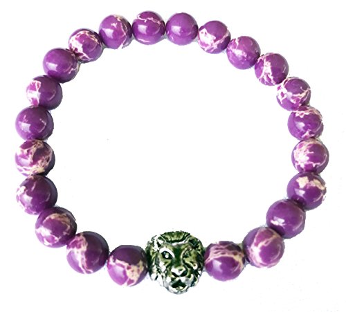 Purple Jasper Stone Bead Stretchy Elastic Bracelet with Lion Head, 8mm, Unisex, Friendship, Couples