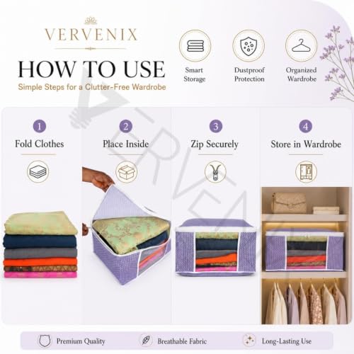 Image of VERVENIX Saree Cover Pack of 12, Large Size, White & Purple Pattern Garment Storage Bags with Zipper & Transparent Window, Dustproof Clothes Cover for Sarees, Suits, Dresses, 46.3 x 36 x 22.5 CM