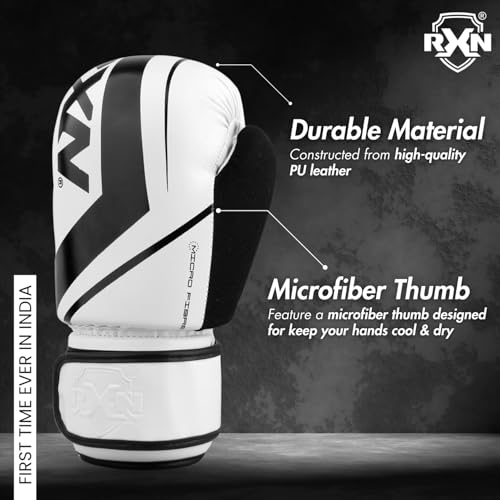 Image of RXN R1 Boxing Gloves with Microfiber Thumb, Premium, High-Performance & Durable for Men, Women & Kids, Training, Kickboxing, Taekwondo, MMA, Muay Thai & Martial Arts (White /Black, 14oz)