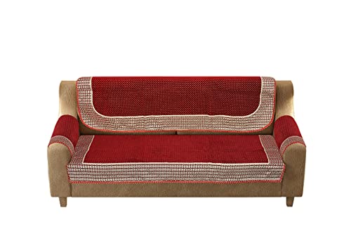Image of SAWNA Homes 5 Seater Sofa Set with Center Table Cover for Living Comfort - 3 and 2 Seater Arm Cover Set for Home Sofa Couch - 16 Pcs Chenille Slip Cover for Furniture Protector, Mehroon