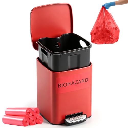 Image of Geiserailie 1 Set 1.6 Gallon Stainless Steel Biohazard Trash Can with Foot-operated Self-closing Lid, with Biohazard Labels & Bags for Lab Medical Hospital Industrial Infectious Waste Disposal, Square