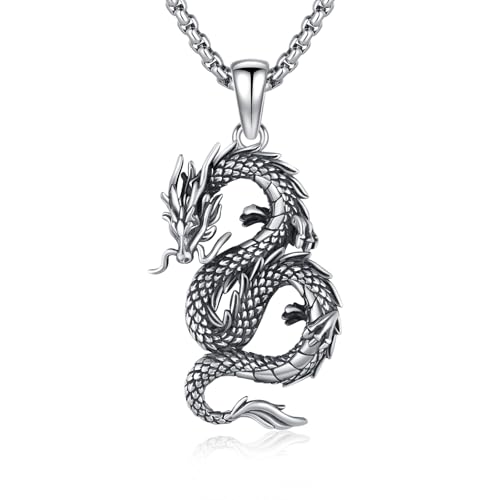 Dragon Necklace for Men 925 Sterling Silver Pendant Necklace Unisex Jewelry Valentine's Day Birthday Gift for Men Women 22+2 Inch Chain
