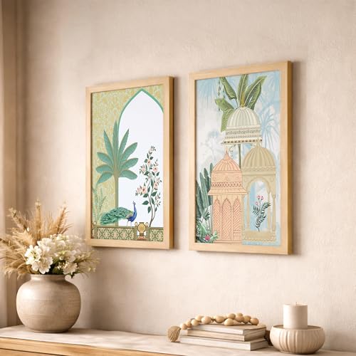 Image of NoWorries Indian Heritage Peacock Framed Wall Painting Set of 2, Teal Green Pastel Blue Peach Beige & Natural Wood, Mughal Arch Palace Botanical Art Prints for Home and Office Decor (Art-3, 17x25inch)