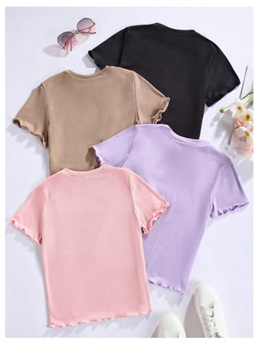 OYOANGLE Girl's 4 Pack Short Sleeve Crew Neck Ribbed Knit T-Shirts Set Summer Solid Tee Tops2