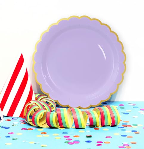 Image of HEIPINIUYE 50 Pieces Lavender Paper Plates with Gold Foil 9 Inch Disposable Light Purple Scalloped Dinner Plates for Wedding Baby Shower Birthday Party Dessert Plate