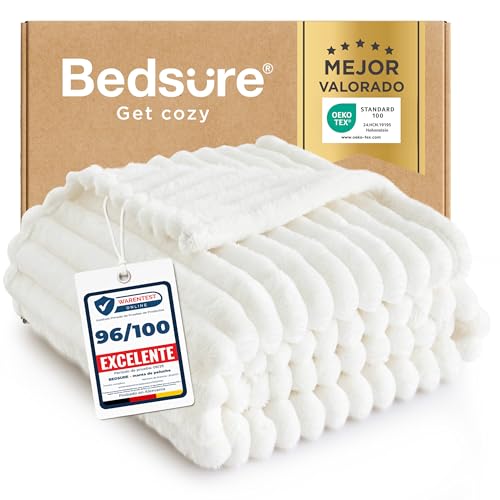 Bedsure Manta Suave y Esponjosa, Manta de Forro Polar, Manta de Cordón Gruesa, Suave y cálida, acogedora para Cama y sofá, Blanco, 130 x 170 cm