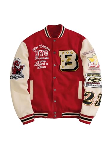 GORGLITTER Men's Letter Graphic Varsity Jacket Long Sleeve Striped Trim Button Bomber Jackets Red Figure Medium
