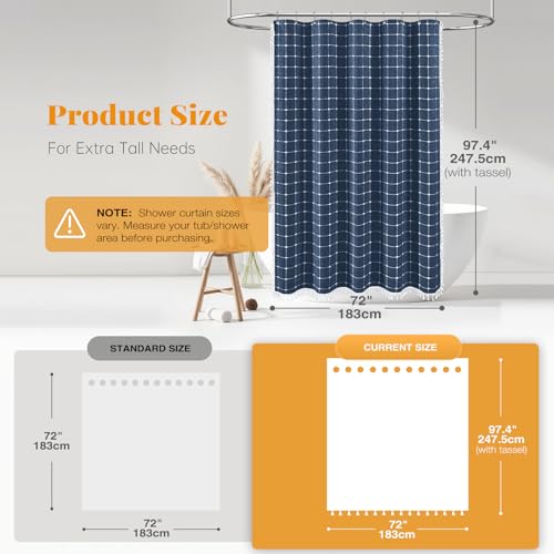 Image of BTTN Extra Long Shower Curtain - 72x96 Inch Long Boho Chic Linen Fabric Heavy Duty Shower Curtain Set with Hooks, Tall Bohemian Farmhouse Shabby Chic Tassel Shower Curtains for Bathroom - Navy Blue