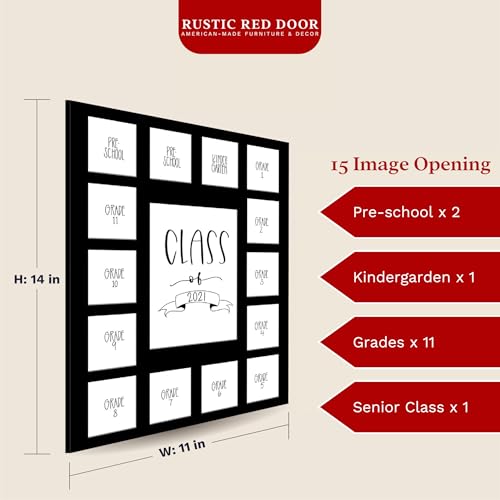Image of Rustic Red Door Co. School Years Reclaimed Wood Picture Frame with Mat - 11x14 Wooden Framed 15 Photo Collage Mat Pre-School & Kindergarten to 12th Grade High School Graduation (Class of 2024, Black)