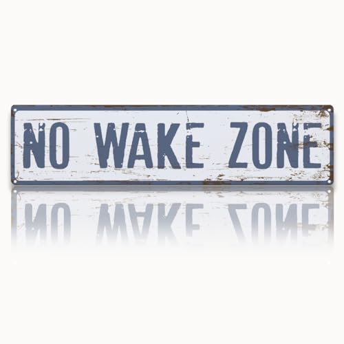 No Wake Zone Sign, Metal Warning Sign, Retro Metal Tin Signs, Lake House Wall Decor, UV Protected, Weather Fade Resistant, Easy to Install 15.8x4 Inch