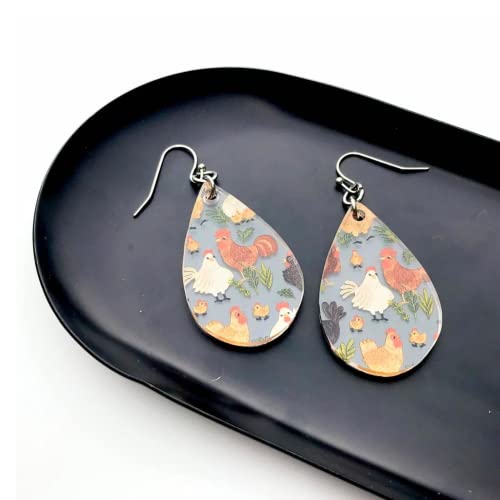 Chicken Patterned Acrylic Dangle Teardrop Earrings For Women Lightweight Hypoallergenic Stainless Steel #TOP3