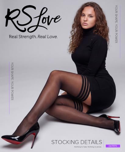 Image of RSLOVE Thigh High Stockings for Women - Stripe Top with Anti-Slip Silicone Stay Up Sheer Pantyhose for Cosplay, Date Night
