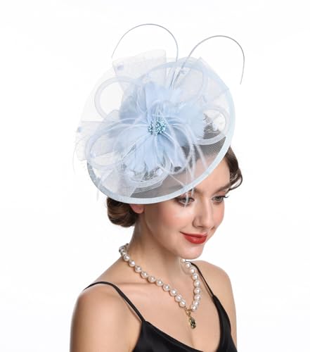 Sinamay Flower Feather Headband Fascinator Wedding Headwear Ladies Race Royal Ascot Pillbox Wedding Cocktail Tea Party Derby Hat for Women(SG-Light Blue)