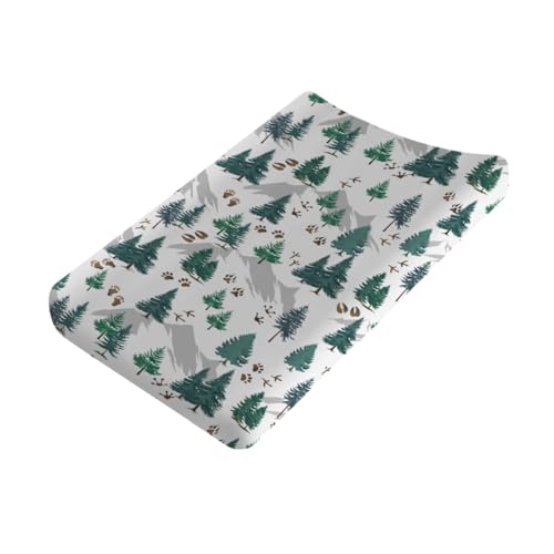 Image of Green Pine Forest Animals Tracks Baby Changing Pad Covers Tree Paw Mountain Nursery Diaper Changing Pad Sheets for Boy Girl Soft Breathable Stretchy Fitted Baby Change Table Mats 32''x16''