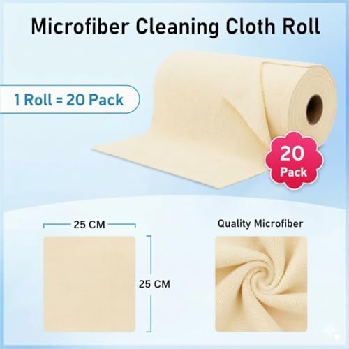Image of Showstopper Microfiber Cleaning Cloth Roll, Reusable Tear Away Microfiber Towels,Washable, Ultra Absorbent, Rags Cleaning, Dishcloths, Cleaning Cloth for Car, Home or Kitchen. (Cream, 25cm X 25cm)