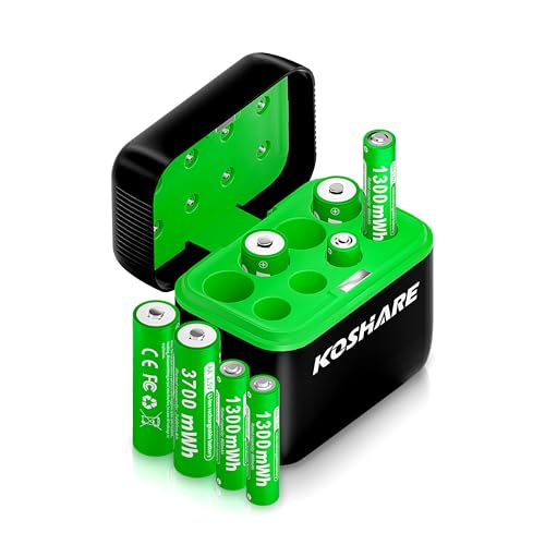 KOSHARE Rechargeable AA AAA Batteries Lithium with Charger,8Pcs 1.5V Li-ion Batteries with 4 * 3700mWh AA and 4 * 1300mWh AAA,1200 Cycles,Pre-Charge,Type-C and 8 Slot Charger