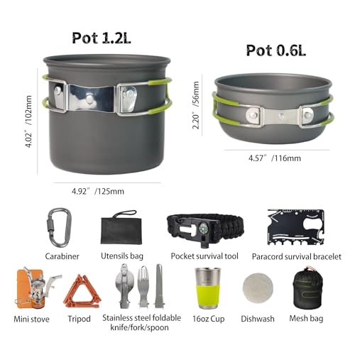 Camping Cookware Mess Kit, 16 pcs Backpacking Cooking Set, Lightweight Camping Pots and Stove Set for 1-2 Person, Outdoor Cooking Gear Ideal for Camping, Hiking, Backpacking and Picnic