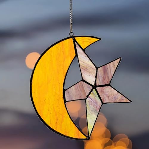 image for DHCGPP Tiffany Moon -Style Stained Glass Hangers, Window Panels, Home 
