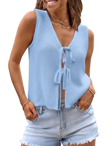 Image of LILLUSORY Womens Tie Front Tops Vacation Sweater Vest | Bohemian Style, Beach Resort Wear, Concert Western Outfits, Crochet Tops, Vacation Outfits, Cute Y2k Sleeveless 2026