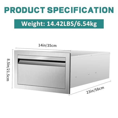 Image of Outdoor Kitchen Drawers 14 inch W x 8.5 inch H x 23 inchD Stainless Steel Drawer BBQ Single Drawers with Hidden Handle for Outdoor Kitchen Island, Patio Grill Station