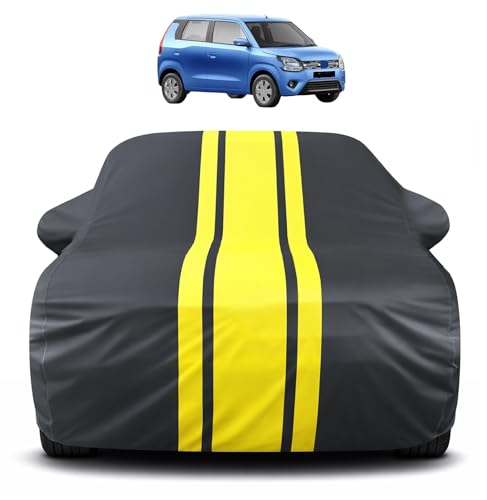 Image of Auto Hub Car Cover Compatible with Maruti WagonR (Model : 2019-Till Date) with Mirror Pocket, Soft Cotton Lining, WagonR Car Cover Waterproof - Yellow-Black